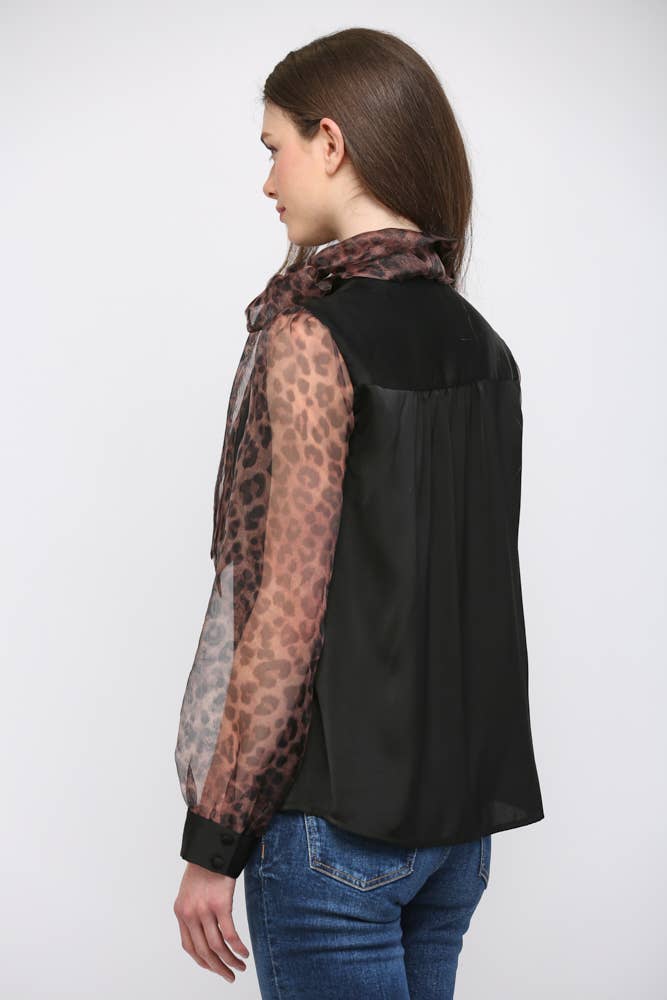 MIXED MEDIA SELF TIE NECKLINE DETAIL BLOUSE FT23252