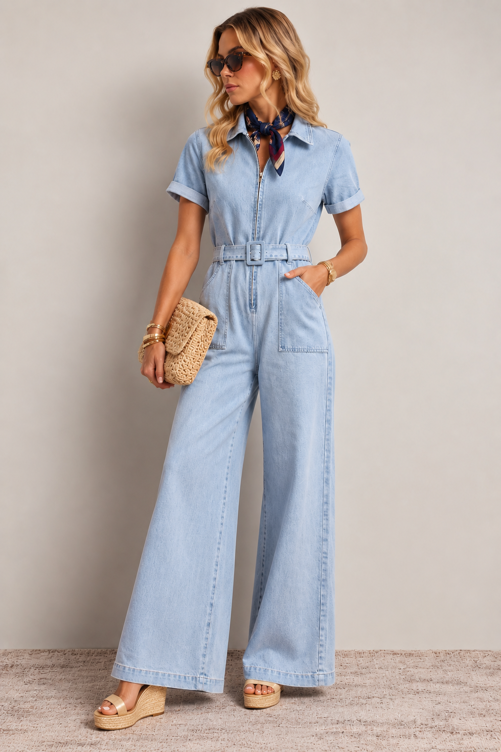 Belted Stretch Denim Wide-Leg Jumpsuit FRP0003