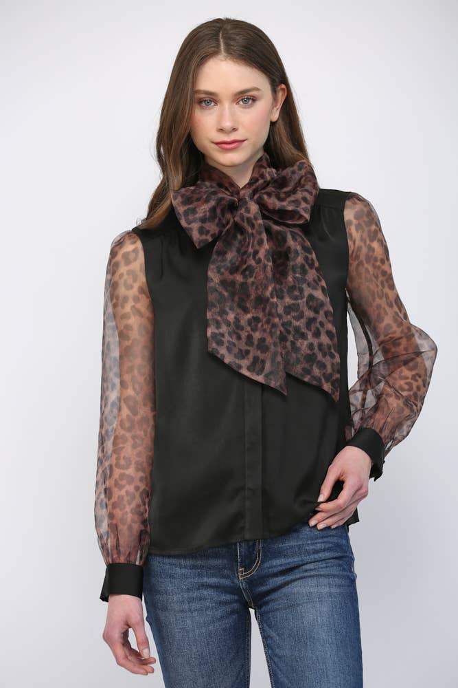 MIXED MEDIA SELF TIE NECKLINE DETAIL BLOUSE FT23252