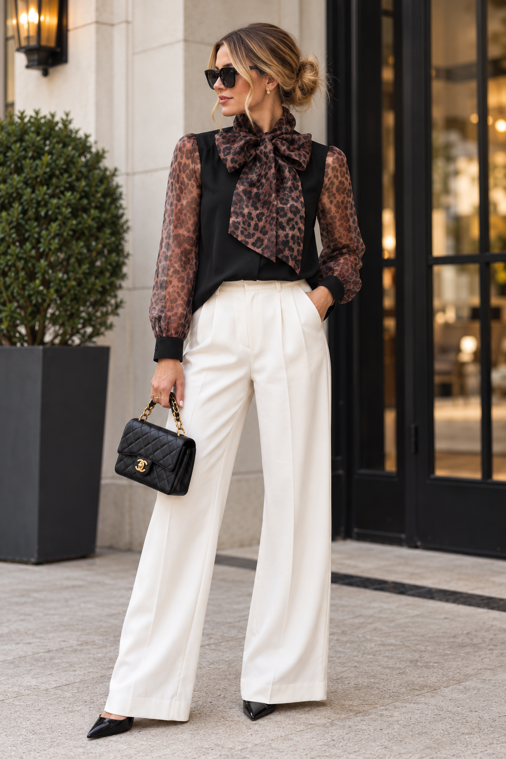 MIXED MEDIA SELF TIE NECKLINE DETAIL BLOUSE FT23252
