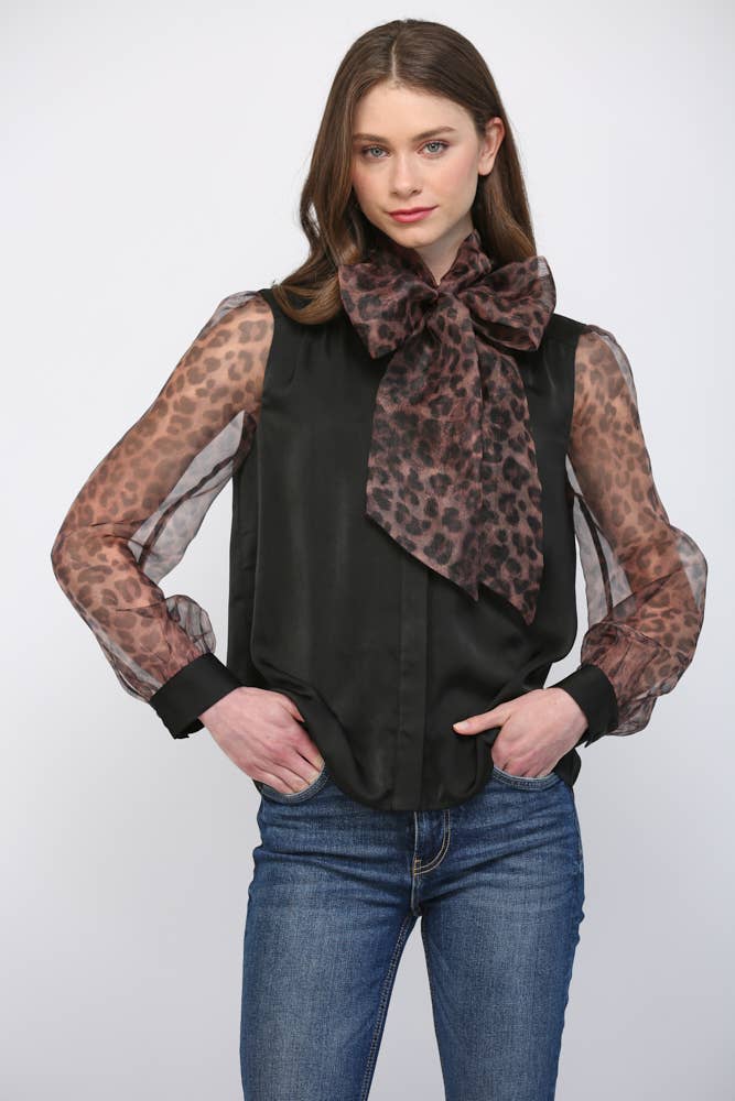 MIXED MEDIA SELF TIE NECKLINE DETAIL BLOUSE FT23252