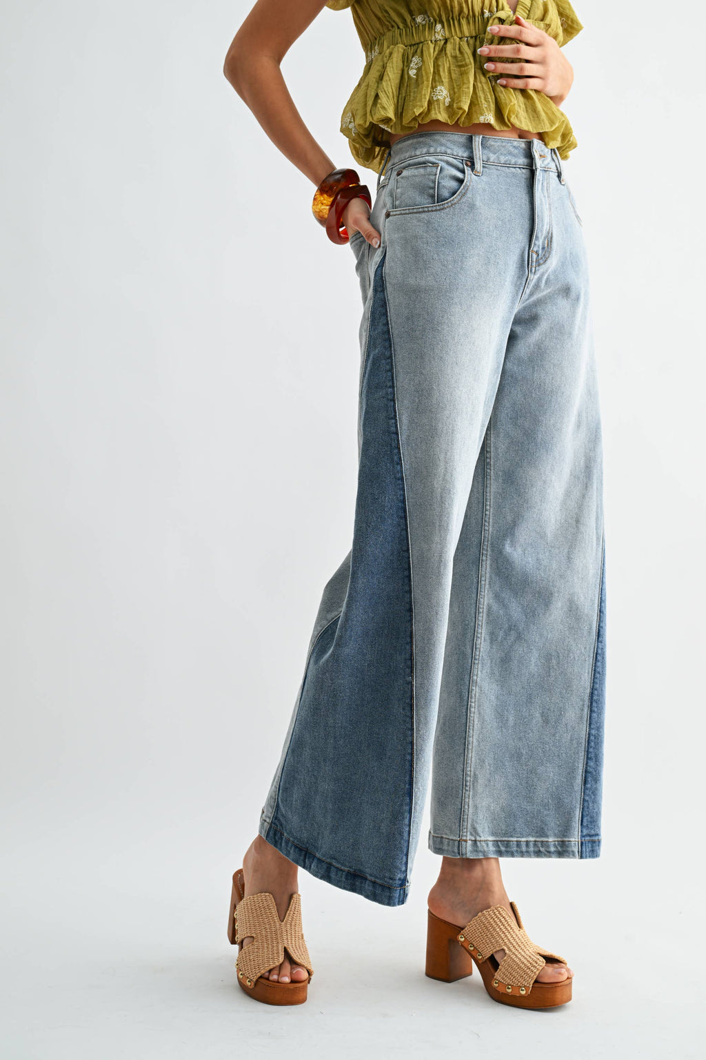 CB10162J Wide-Leg Two-Tone High Waist Denim Jeans