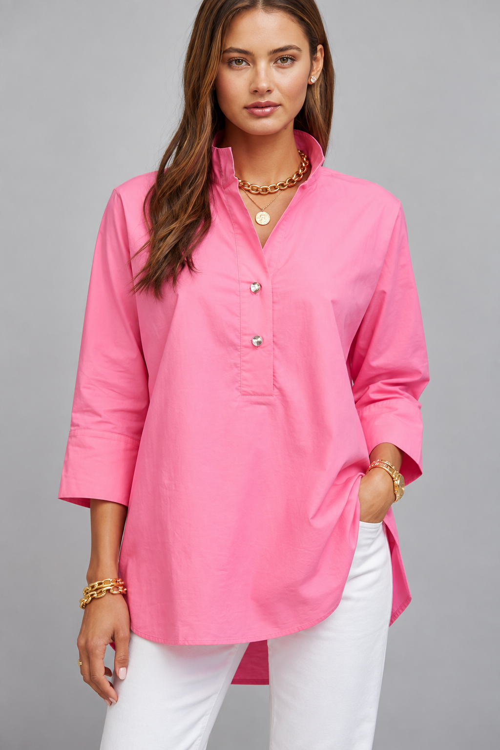 PARTIAL FRONT PLACKET OVERSIZED PULLOVER TUNIC TOP FT22320