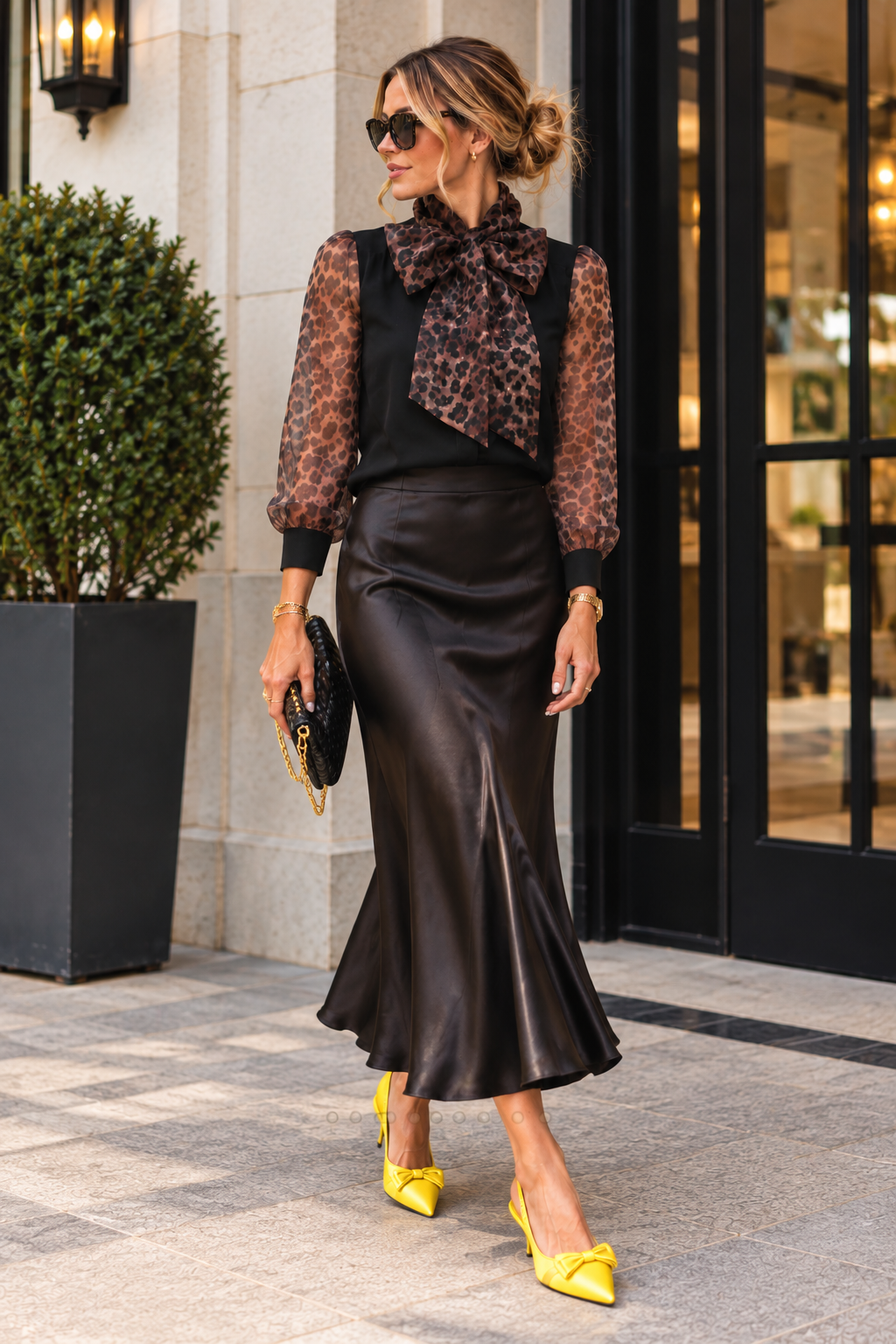 MIXED MEDIA SELF TIE NECKLINE DETAIL BLOUSE FT23252