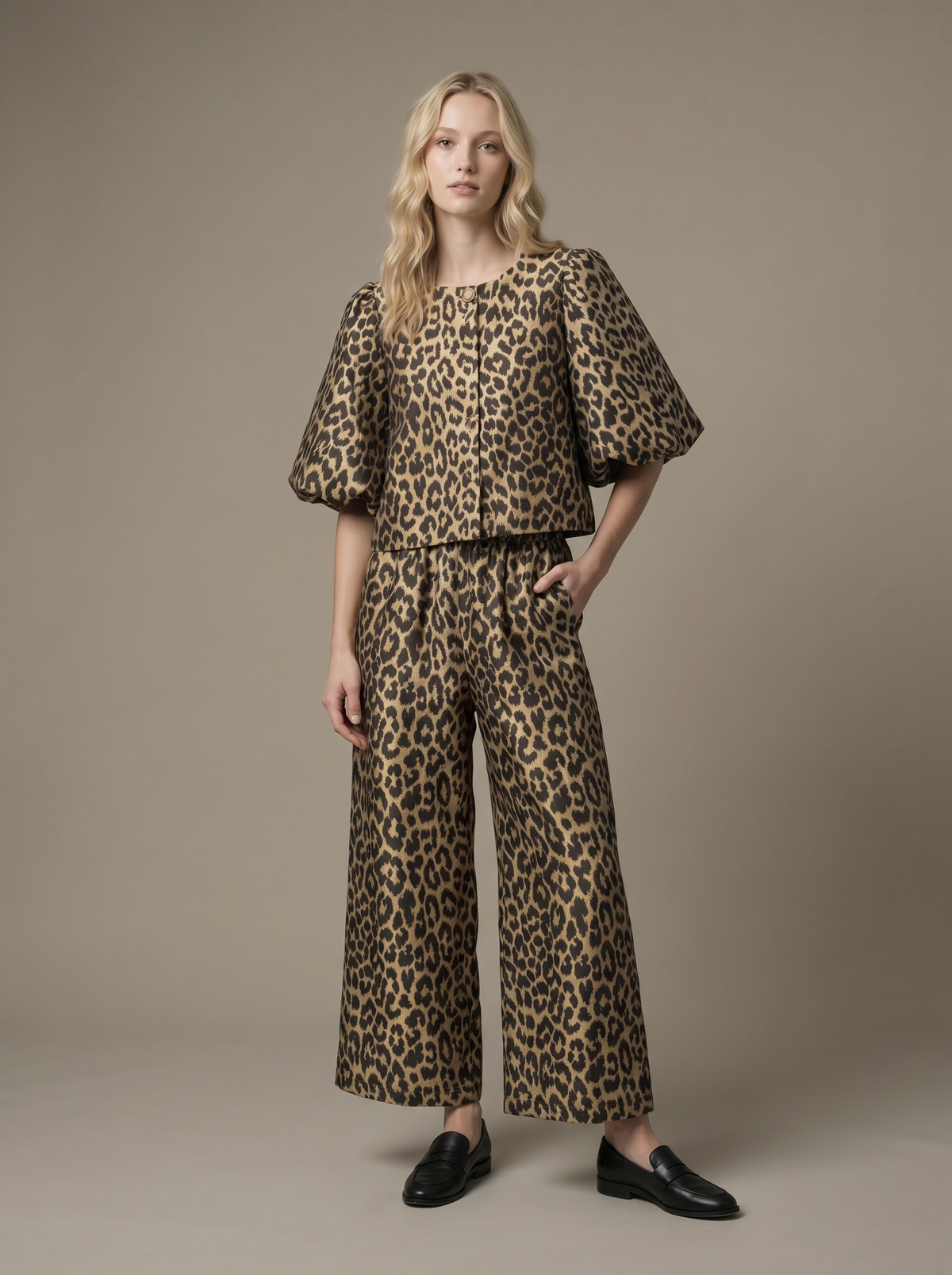 T4486 Leopard Balloon Sleeve Cropped Jacket