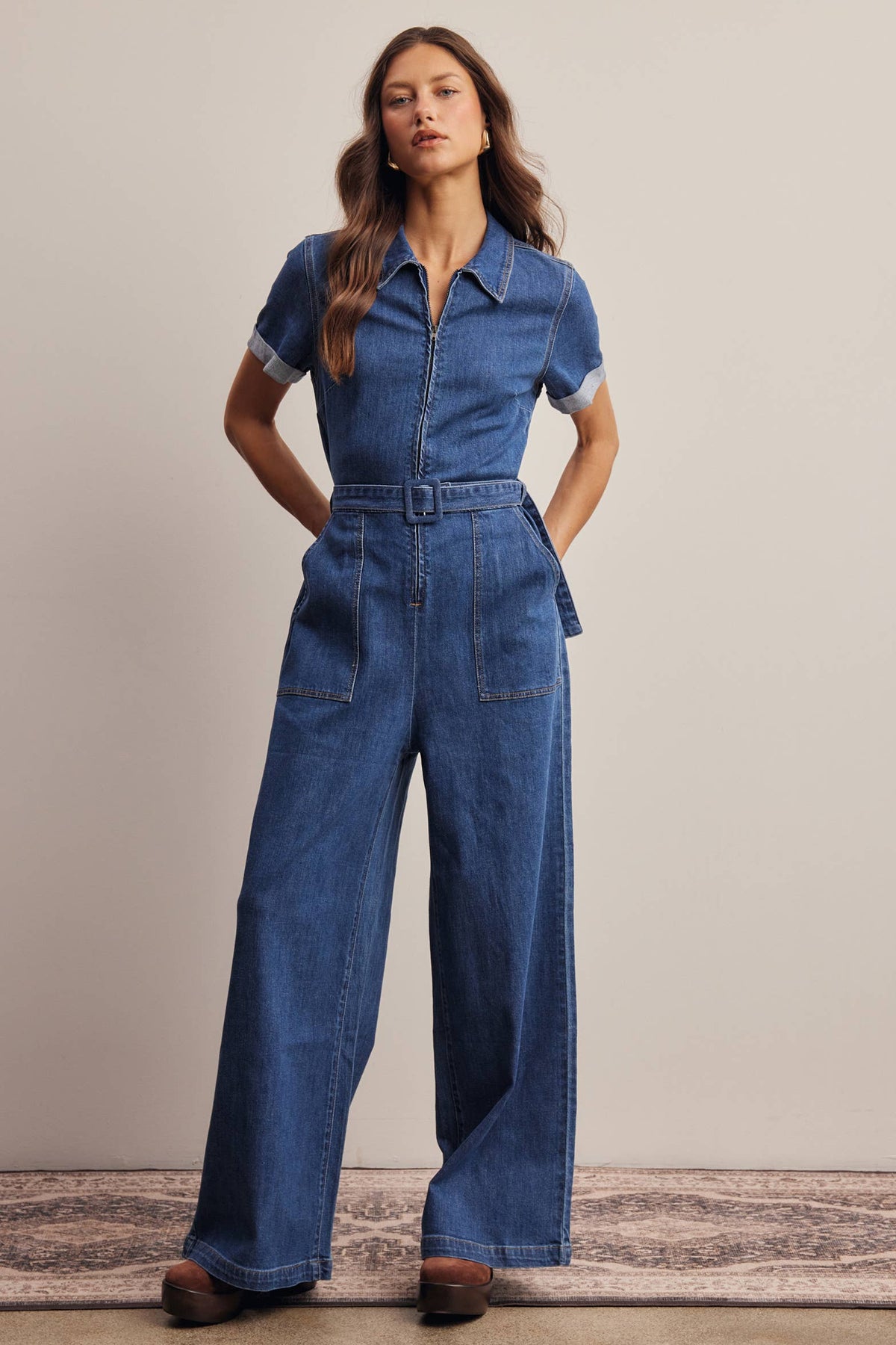 Belted Stretch Denim Wide-Leg Jumpsuit FRP0003