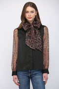 MIXED MEDIA SELF TIE NECKLINE DETAIL BLOUSE FT23252