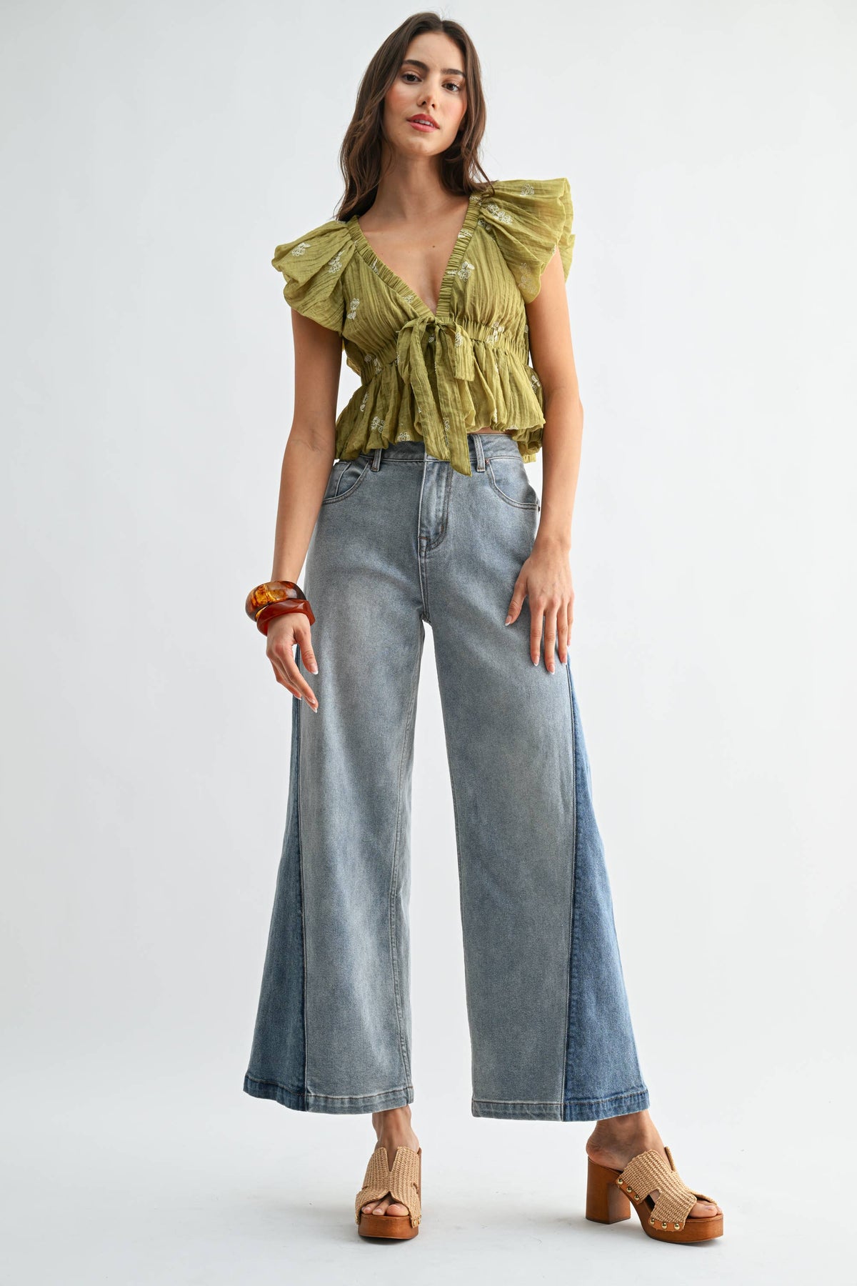 CB10162J Wide-Leg Two-Tone High Waist Denim Jeans