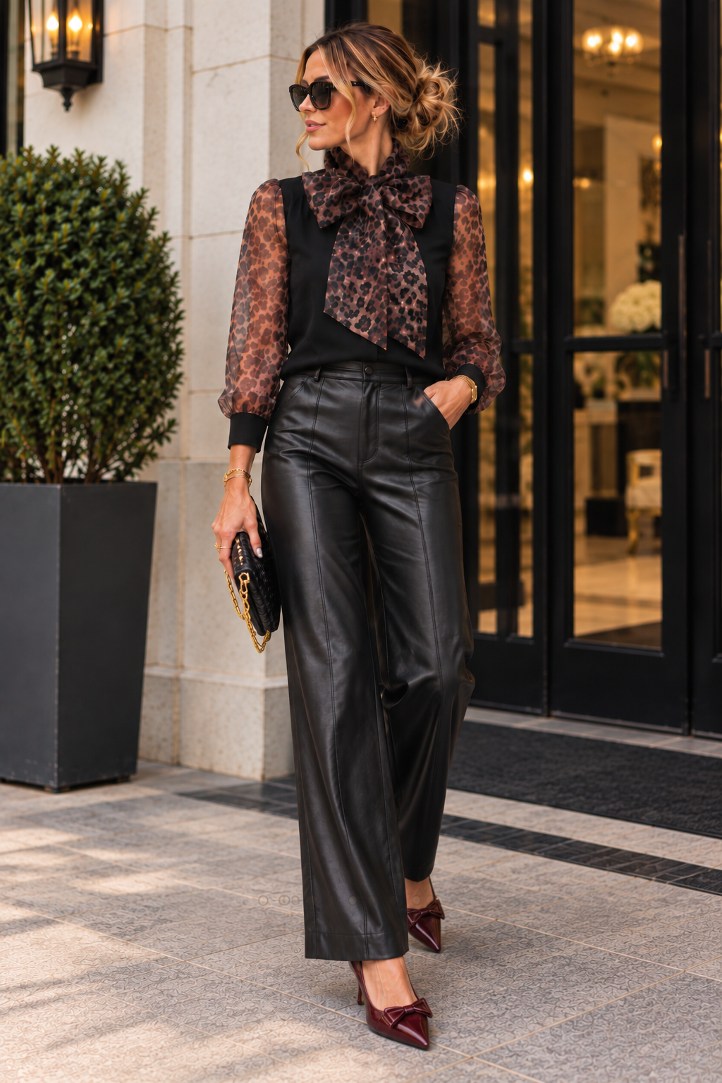 MIXED MEDIA SELF TIE NECKLINE DETAIL BLOUSE FT23252