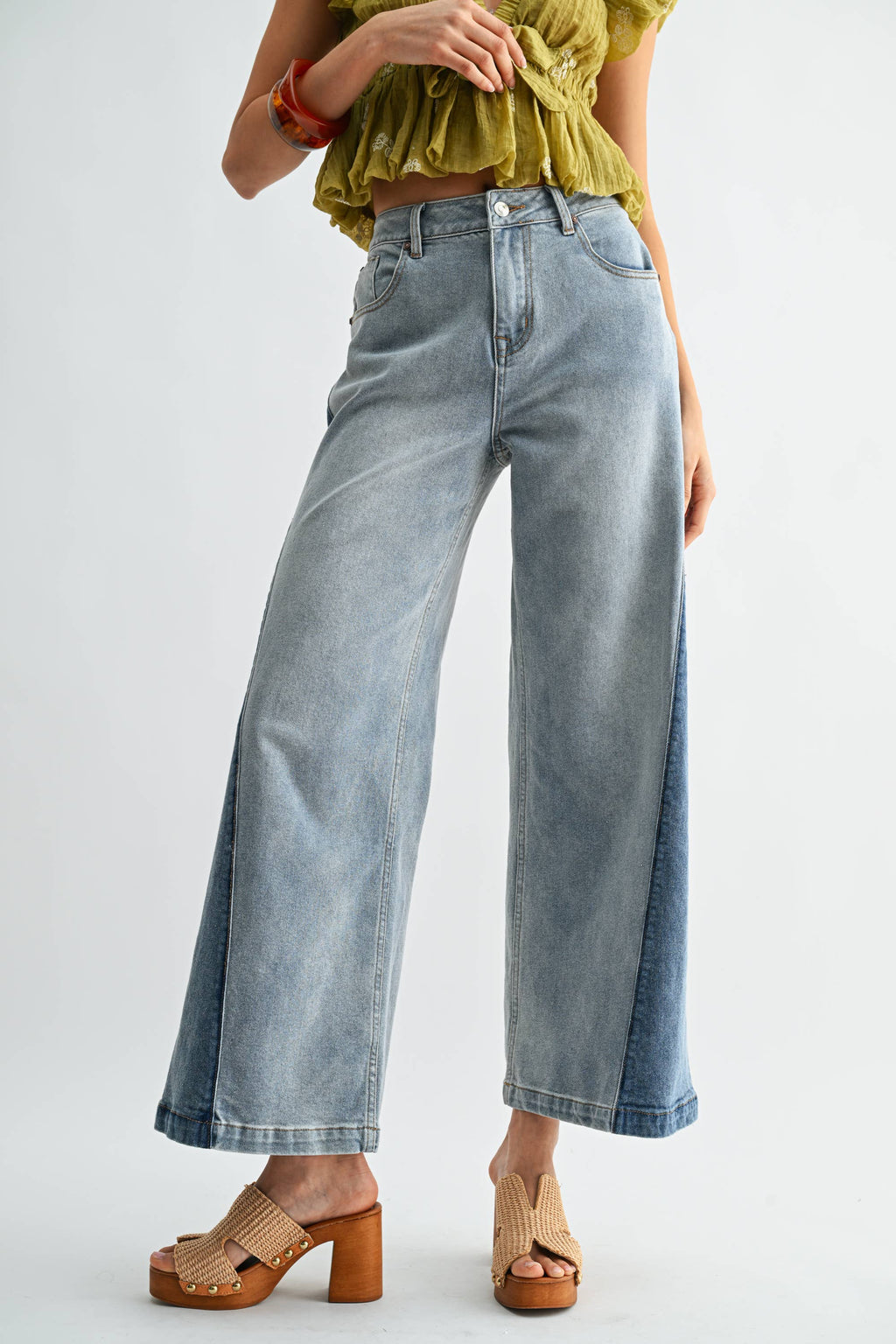CB10162J Wide-Leg Two-Tone High Waist Denim Jeans