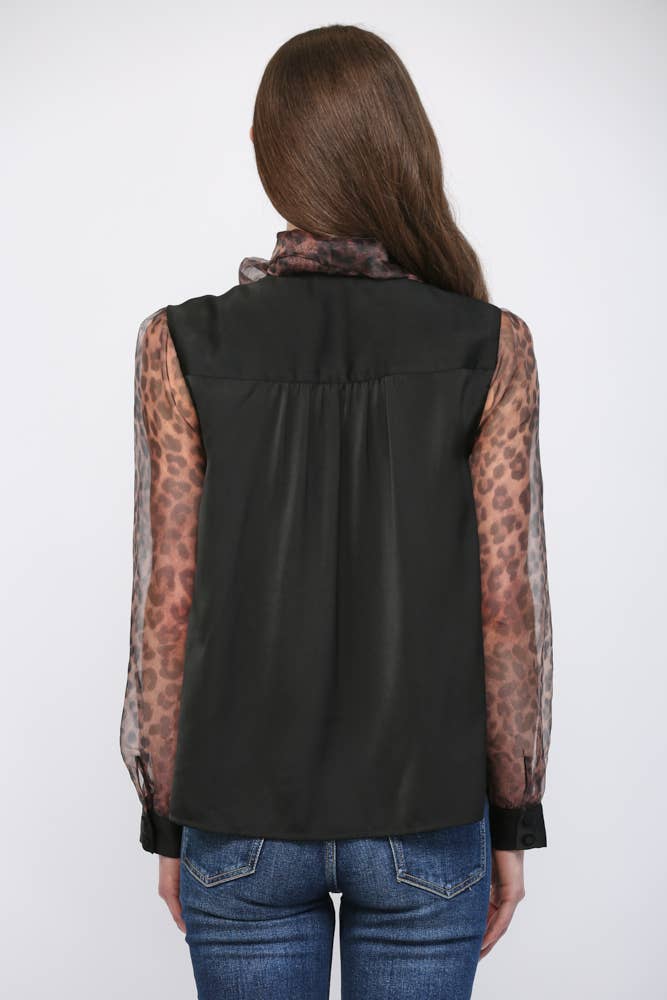 MIXED MEDIA SELF TIE NECKLINE DETAIL BLOUSE FT23252