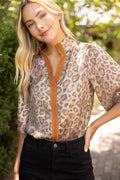 37081 Stripe Placket Detail Leopard Print Metallic Top