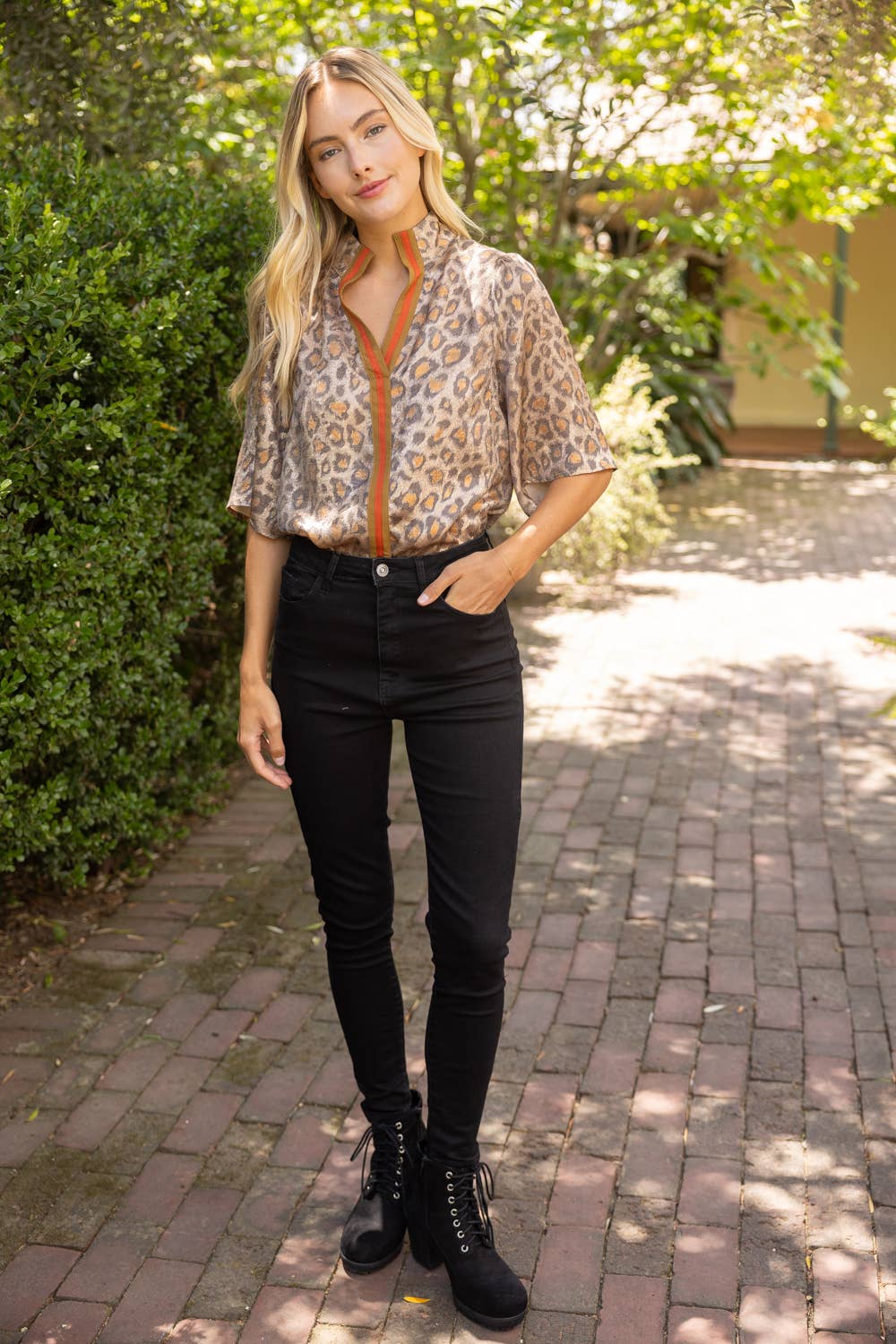 37081 Stripe Placket Detail Leopard Print Metallic Top