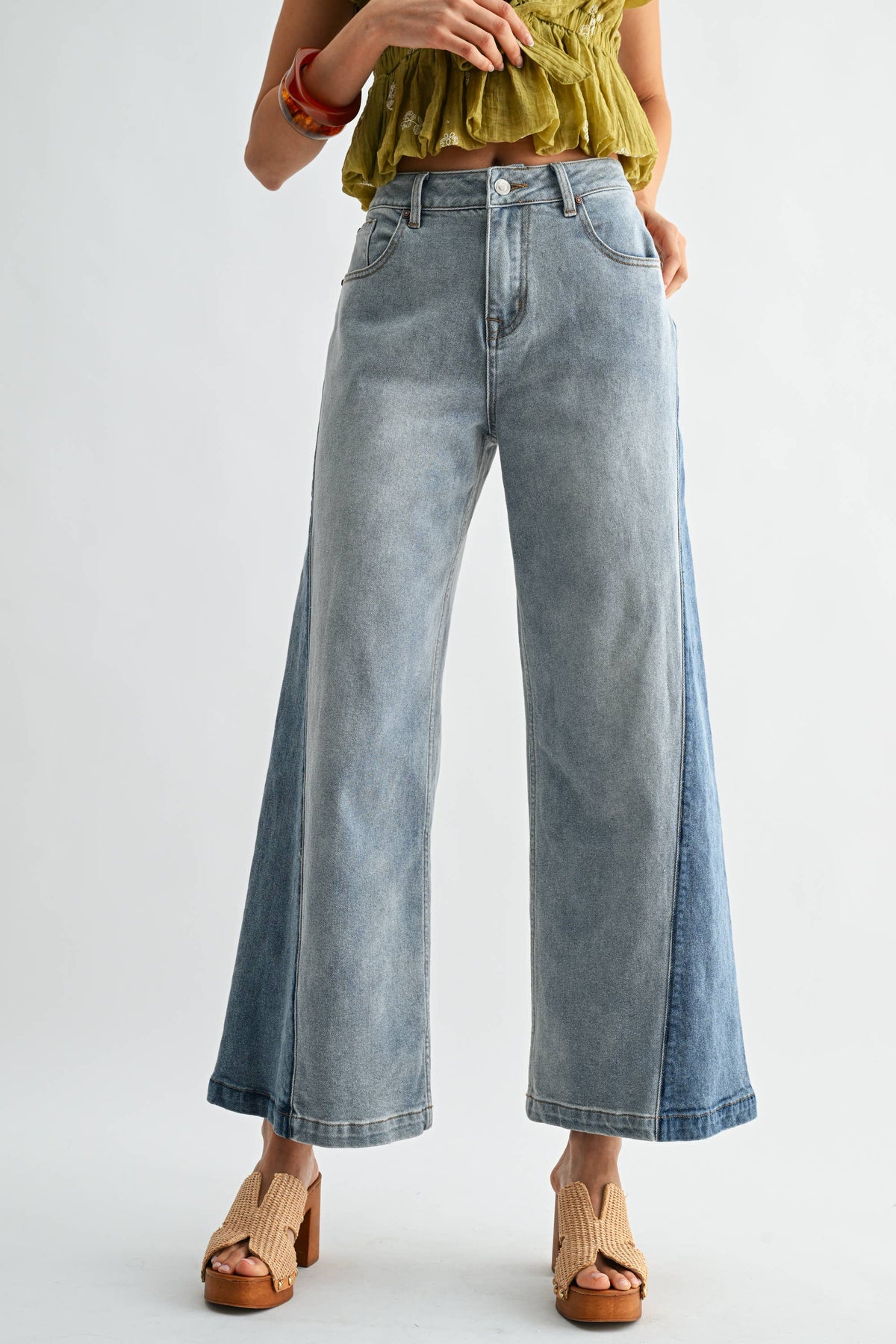 CB10162J Wide-Leg Two-Tone High Waist Denim Jeans