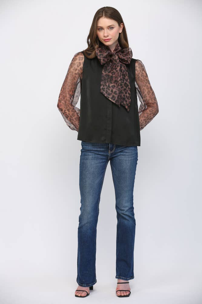 MIXED MEDIA SELF TIE NECKLINE DETAIL BLOUSE FT23252