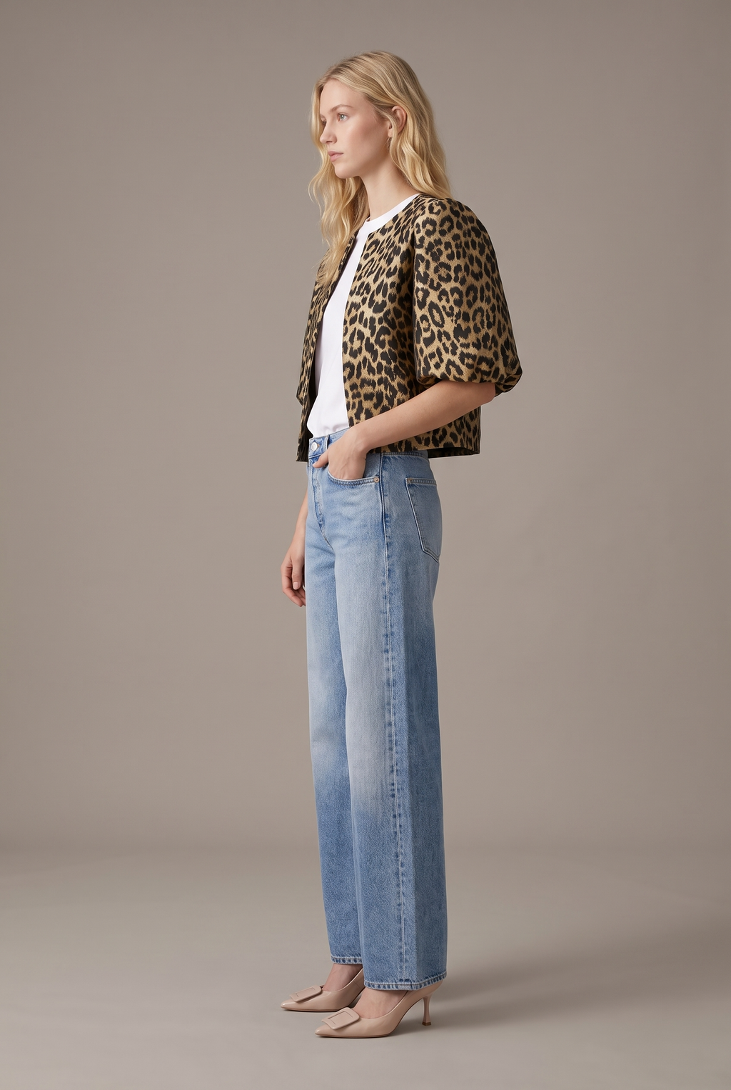 T4486 Leopard Balloon Sleeve Cropped Jacket